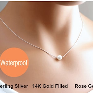 Single Pearl Necklace, Bridesmaid Necklace, Floating White Pearl Necklace, Dainty, Bridesmaid Gift, June birthstone, Bridal jewelry Wedding