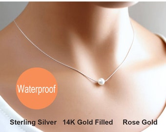 Single Pearl Necklace, Bridesmaid Necklace, Floating White Pearl Necklace, Dainty, Bridesmaid Gift, June birthstone, Bridal jewelry Wedding