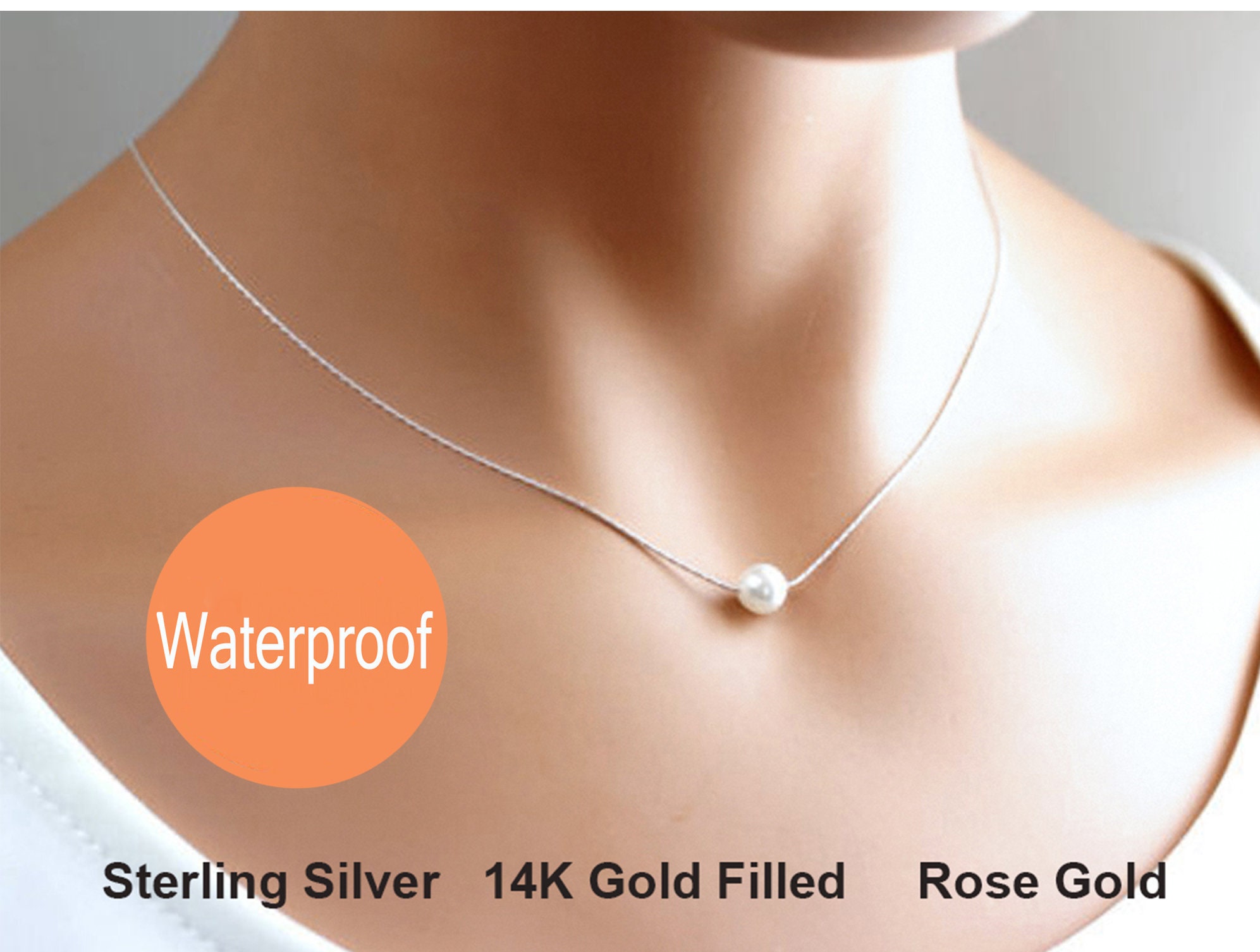 Single Pearl Necklace, Bridesmaid Necklace, Floating White Pearl Necklace, Dainty, Bridesmaid Gift, June birthstone, Bridal jewelry Wedding