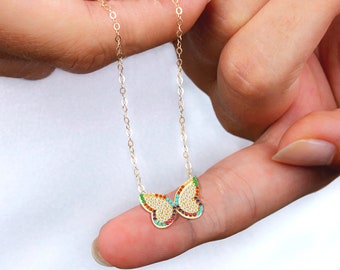 Butterfly necklace, Colorful necklace, Flower girl gift, Butterfly pendant, Butterfly charm, Dainty Boho necklace, Nature jewelry