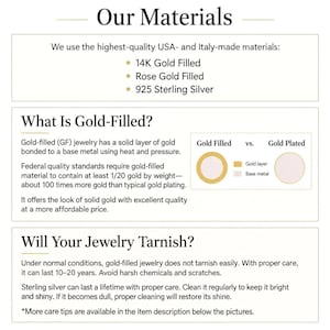 May include: An informational graphic titled Our Materials listing 14K Gold Filled, Rose Gold Filled, and 925 Sterling Silver. It explains gold-filled jewelry, compares it to gold plated, and provides care tips regarding potential tarnish.