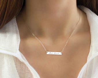 Sterling silver bar necklace, Custom engraved necklace, Silver nameplate bar, Name necklace Wedding date Roman numerals necklace coordinates