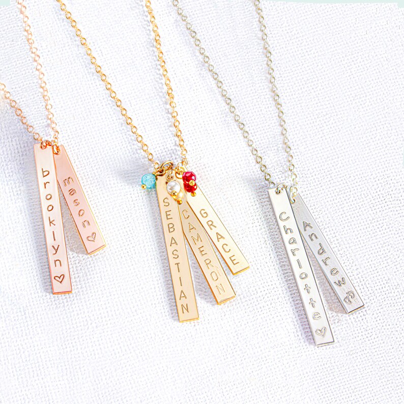 Mom Necklace Baby Name Necklace Vertical Bar Necklace Etsy