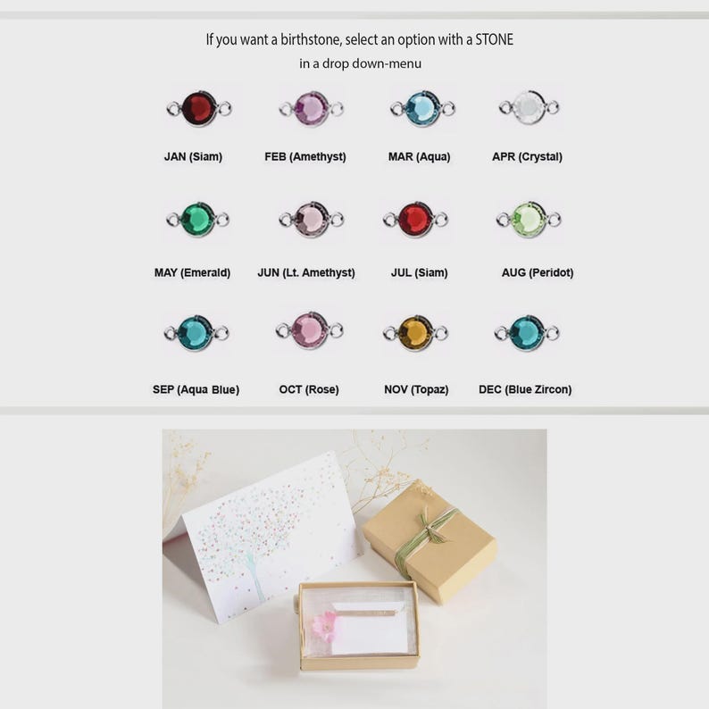 May include: A chart displaying twelve circular birthstone charms in various colors, labeled by month and stone name, including Siam, Amethyst, Aqua, Crystal, Emerald, Peridot, Topaz, and Zircon. Below, a gift box and a greeting card are shown.