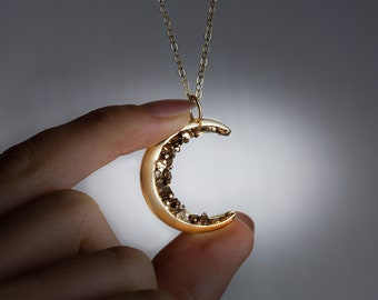 Gold crescent moon necklace, Long moon necklace sterling silver, Celestial Jewelry, Half moon charm with crystals, Big sister gift Friend