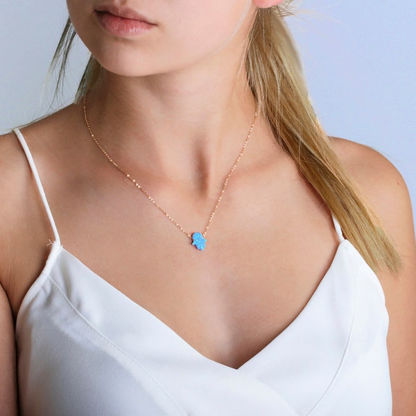 Opal Necklace, Blue Opal Hamsa necklace, Fire Opal jewelry, Dainty Hamsa necklace, Gift for girlfriend, Protection necklace, Minimalist