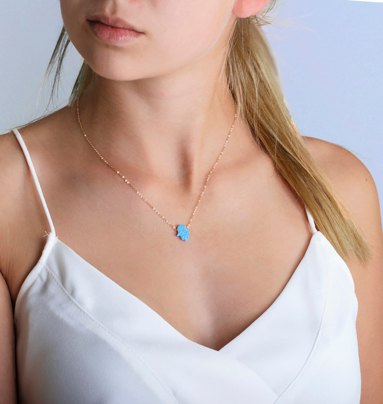 Opal Necklace Blue Opal Hamsa Necklace Fire Opal Jewelry Dainty