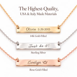 May include: Three horizontal bar necklaces in gold-filled, sterling silver, and rose gold-filled. The gold bar is engraved with Olivia 3.29.2015, the silver with Just do it!, and the rose gold with Evelyn and a crown icon.