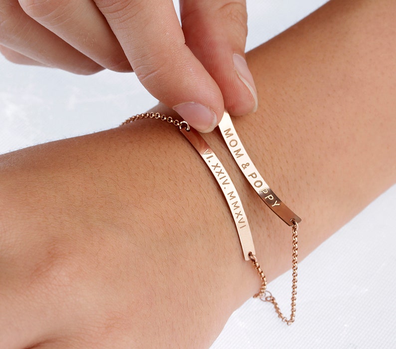 Personalized Bar Bracelet, Custom Date, Roman Numerals, Custom Name, Gold bar Bracelet, Monogram Bracelet, Best friends gift image 10