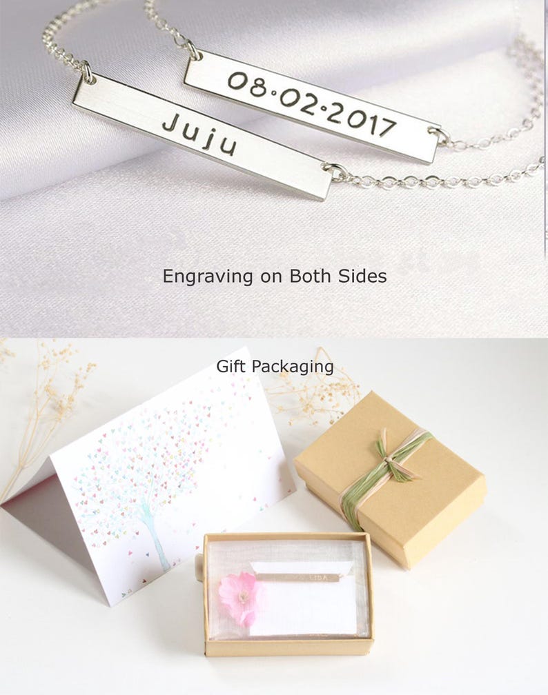 May include: A silver necklace with two bar pendants. The top pendant is engraved with the date "08.02.2017" and the bottom pendant is engraved with the name "Juju". The necklace is displayed on a white surface with the text "Engraving on Both Sides" below it. The image also shows a gift box and a card with a tree design.