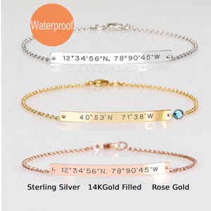 Coordinate bracelet, Sterling silver bar bracelet, Wedding gift, Engraved location, Longitude Latitude, Bridesmaid bracelet, Gift for women image 1