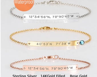 Coordinate bracelet, Sterling silver bar bracelet, Wedding gift, Engraved location, Longitude Latitude, Bridesmaid bracelet, Gift for women