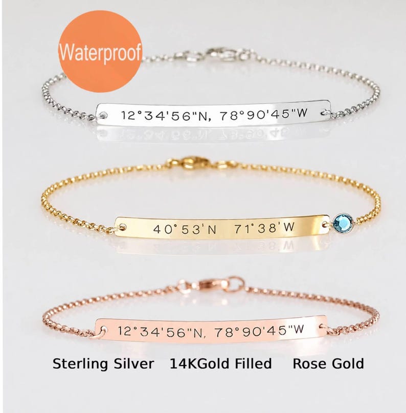 Coordinate bracelet, Sterling silver bar bracelet, Wedding gift, Engraved location, Longitude Latitude, Bridesmaid bracelet, Gift for women image 1