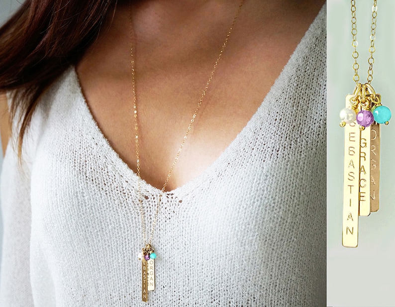 Personalized gift for mom, Mothers necklace, Birthstone, Kids name necklace, Vertical bar, Custom name, Birthstone jewelry, Mothers day gift image 2