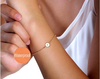 Initial disc bracelet in 14K Gold filled, Rose gold, and Sterling silver, Waterproof, Adjustable length