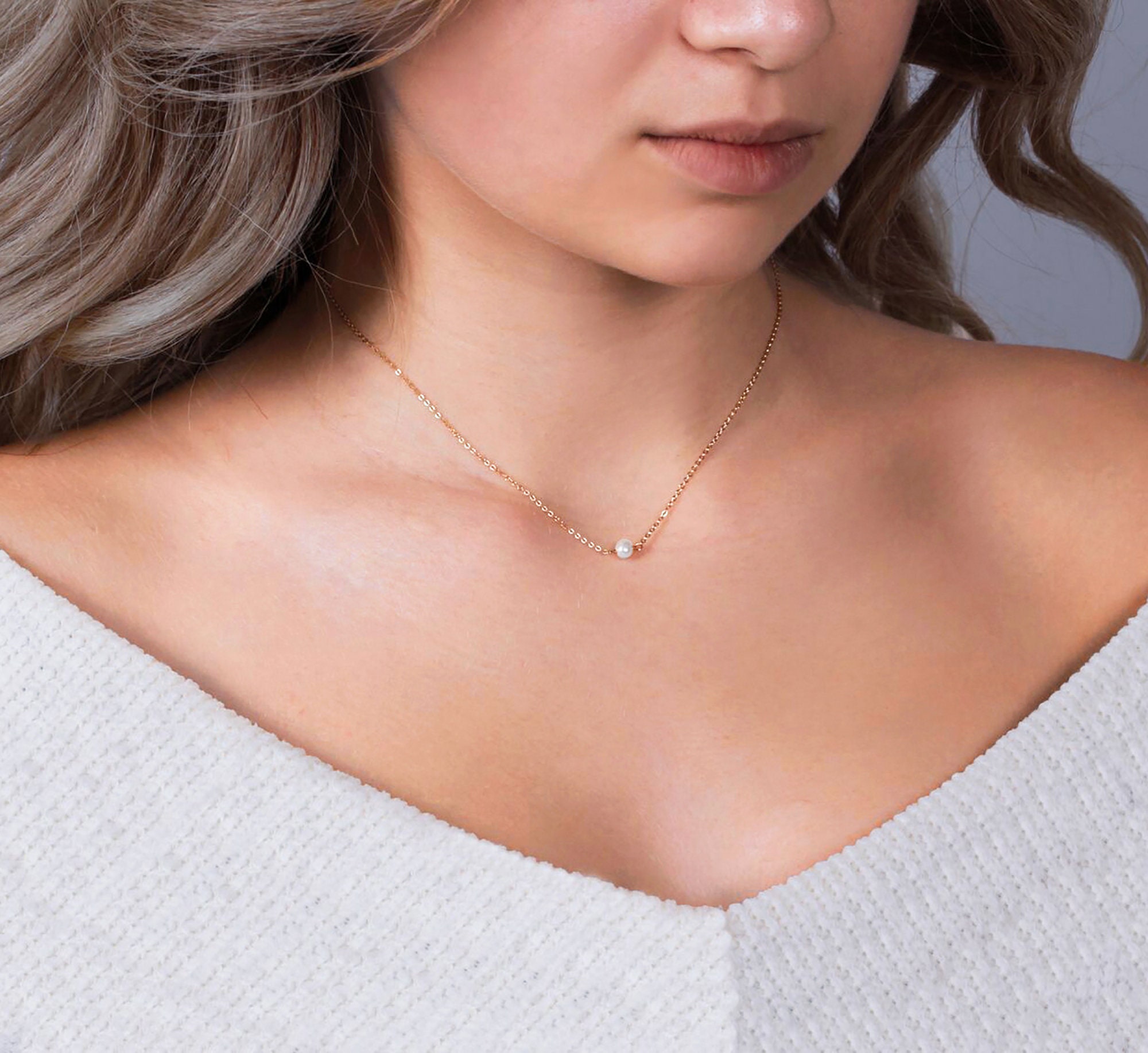 Collier Ras-du-cou Argent/or Rose, Perles Et Pendentif Point Chanceux, Neuf