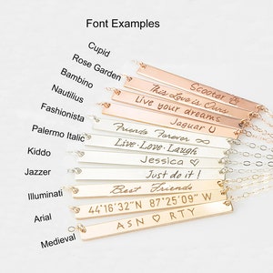 May include: A close-up of ten silver and gold bar necklaces with different engraved text, including "Scooter", "This Love is Ours", "Live your dreams", "Jaguar U", "Friends Forever", "Live Love Laugh", "Jessica", "Just do it!", "Best Friends", "44&deg;16&prime;32&Prime;N 87&deg;25&prime;09&Prime; W", and "ASNORTY".