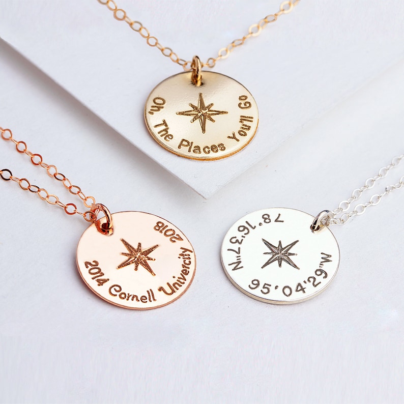 Graduation gift, Compass necklace with custom coordinates, Wanderlust, Friendship necklace, Celestial jewelry image 2