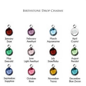 May include: Image of birthstone drop charms. Each charm is a different color, representing a month of the year. The text "BIRTHSTONE DROP CHARMS" is at the top. The charms include Siam, Amethyst, Aquamarine, Crystal, Emerald, Light Amethyst, Siam/Ruby, Peridot, Sapphire, Rose, Topaz, and Blue Zircon.