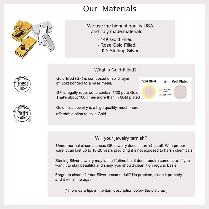 May include: A graphic explaining the difference between gold-filled and gold-plated jewelry. The graphic shows a gold-filled piece of jewelry with a thick layer of gold and a gold-plated piece of jewelry with a thin layer of gold. The text explains that gold-filled jewelry is a higher quality and more affordable option than solid gold.