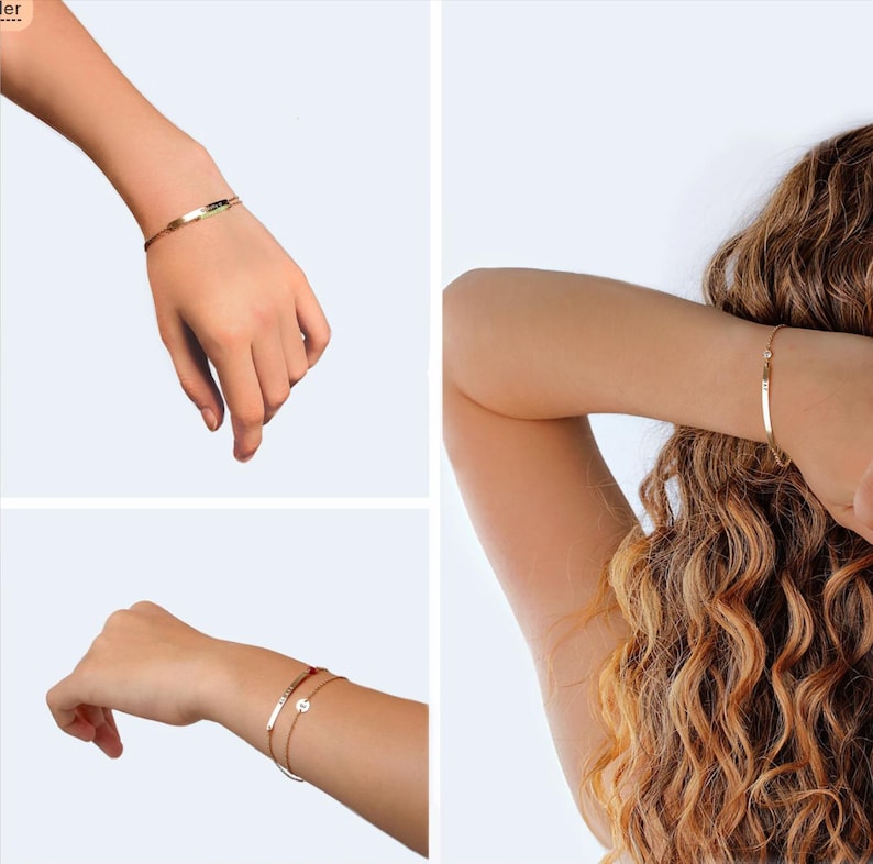 May include: Three gold bracelets on different wrists. The bracelets are simple and delicate, with a flat, rectangular design.