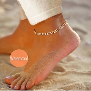 Gold Cuban link chain anklets for women, children, and men. Cunky ankle bracelets, Delicate beach jewelry, Waterproof summer body jewelry