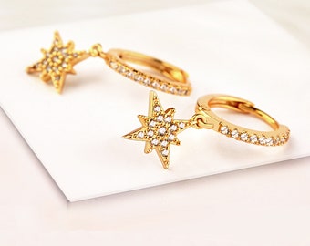 Star hoops, Star huggie earrings, Gold star earrings, Silver hoop earrings, Starburst earrings, Girlfriend gift, Trendy earrings, AF137