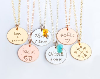 Personalized disc necklace, Engraved kids names necklace, Mom gold or silver initial disc necklace, Custom Birthstone necklace, Mothers day