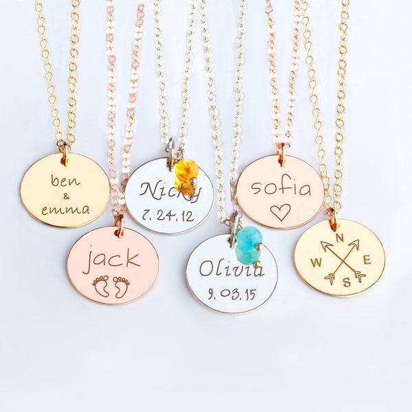 Personalized disc necklace, Engraved kids names necklace, Mom gold or silver initial disc necklace, Custom Birthstone necklace, Mothers day