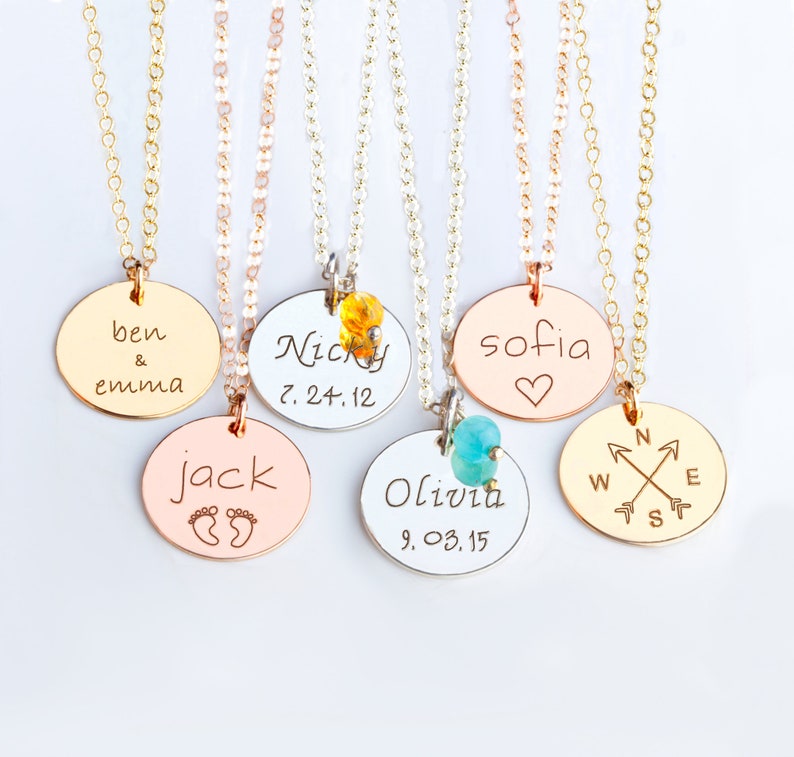 Personalized disc necklace, Engraved kids names necklace, Mom gold or silver initial disc necklace, Custom Birthstone necklace, Mothers day image 1