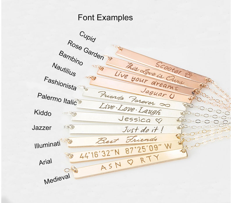 May include: A collection of horizontal bar necklaces in rose gold, silver, and gold tones, each featuring unique engraved text and fonts. The engravings include names, phrases like 'Live Love Laugh', 'Best Friends', and coordinates, displayed with labels for font styles.