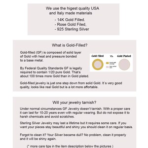 May include: An informational graphic titled Our Materials detailing jewelry components including 14K Gold Filled, Rose Gold Filled, and 925 Sterling Silver. It explains the composition of gold-filled versus gold-plated items and provides care instructions.