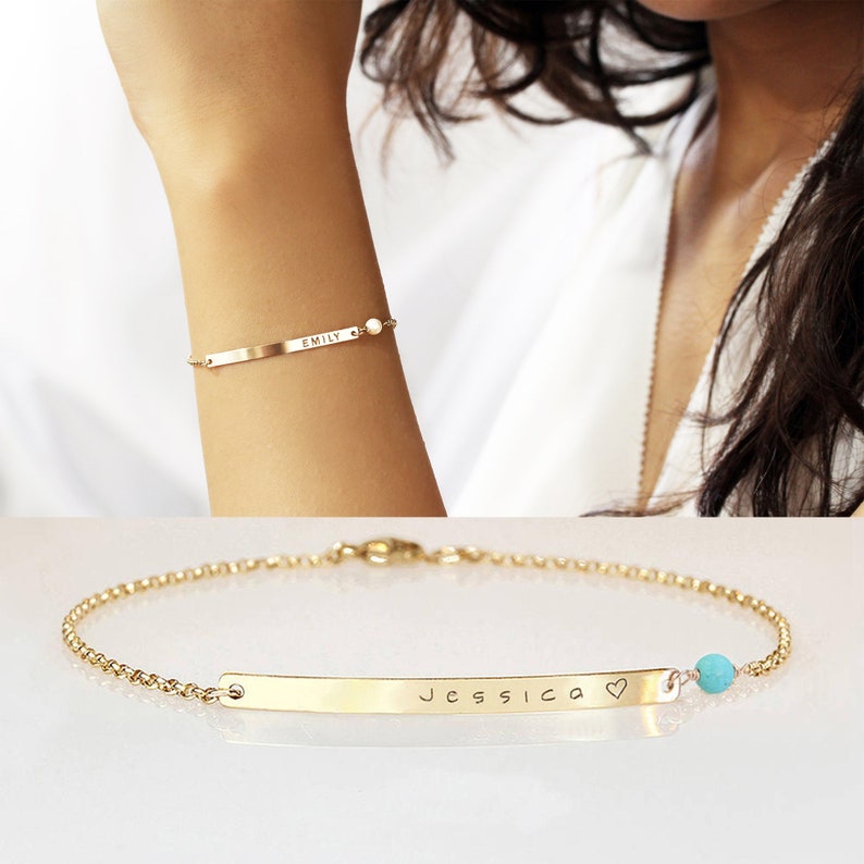 Custom Bar Bracelet, Stacking Bracelet, Custom Name Bracelet, Birthstone Jewelry, Mothers day gift, Nameplate Bracelet image 1