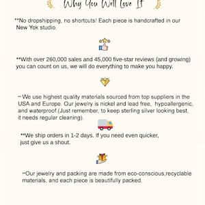 May include: An informational graphic titled Why You Will Love It, featuring text about handcrafted jewelry, 260,000 sales, 45,000 five-star reviews, high-quality nickel-free materials, 1-2 day shipping, and eco-conscious packaging with icons of stars, a diamond, a truck, and a gift.