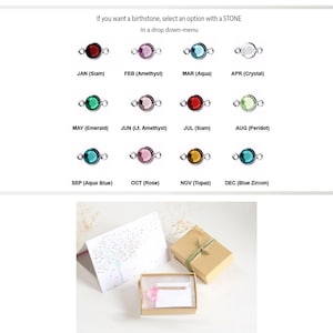 May include: A chart showing birthstones for each month of the year. The chart shows a silver ring with a coloured gemstone for each month. The gemstones are: January (Siam), February (Amethyst), March (Aqua), April (Crystal), May (Emerald), June (Light Amethyst), July (Siam), August (Peridot), September (Aqua Blue), October (Rose), November (Topaz), and December (Blue Zircon).