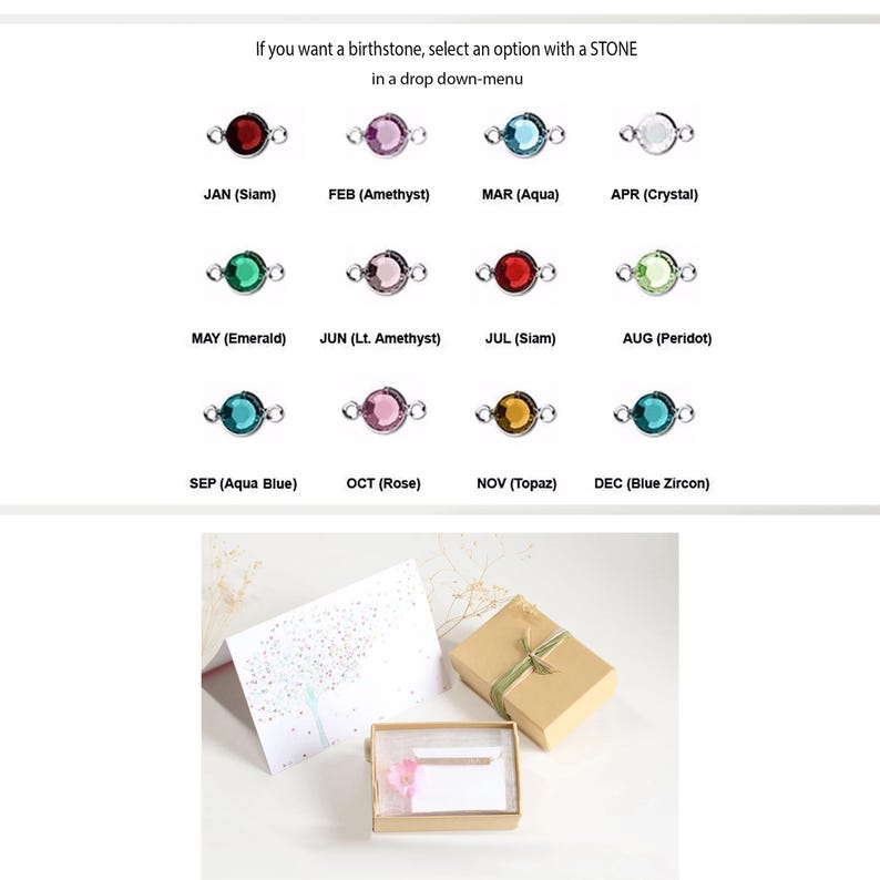 May include: A chart showing birthstones for each month of the year. The chart shows a silver ring with a coloured gemstone for each month. The gemstones are: January (Siam), February (Amethyst), March (Aqua), April (Crystal), May (Emerald), June (Light Amethyst), July (Siam), August (Peridot), September (Aqua Blue), October (Rose), November (Topaz), and December (Blue Zircon).