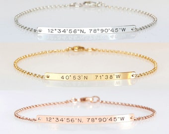 Coordinate bracelet, Sterling silver bar bracelet, Wedding gift, Engraved location, Longitude Latitude, Bridesmaid bracelet, Gift for women