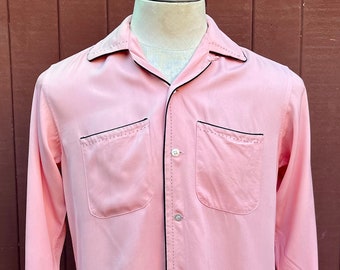 Pristine Pink And Black Gabardine 1950s Sport Shirt by Sandy MacDonald M