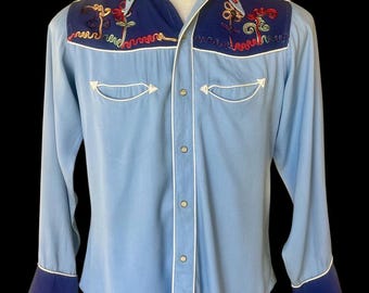1950s Blue Two Tone Soutache Embroidered Rayon Gabardine Western Shirt Las Vegas