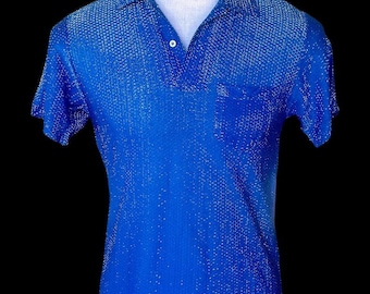 Vintage 1950s Campus Blue And Silver Chromspun Lurex Polo Shirt