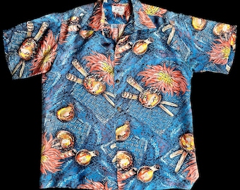 Fantastisk blå sidenskjorta från 1940-talet med 'Uli'Uli / musikinstrumenttryck och Aloha / Hawaiiskjorta från Liberty House, Medium