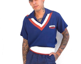 Dead Stock 1950s Gabardine Red White And Blue Paneled Gaucho Shirt Small