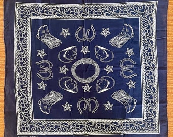 Indigo Blue Late 1950s Western Print Bandana.