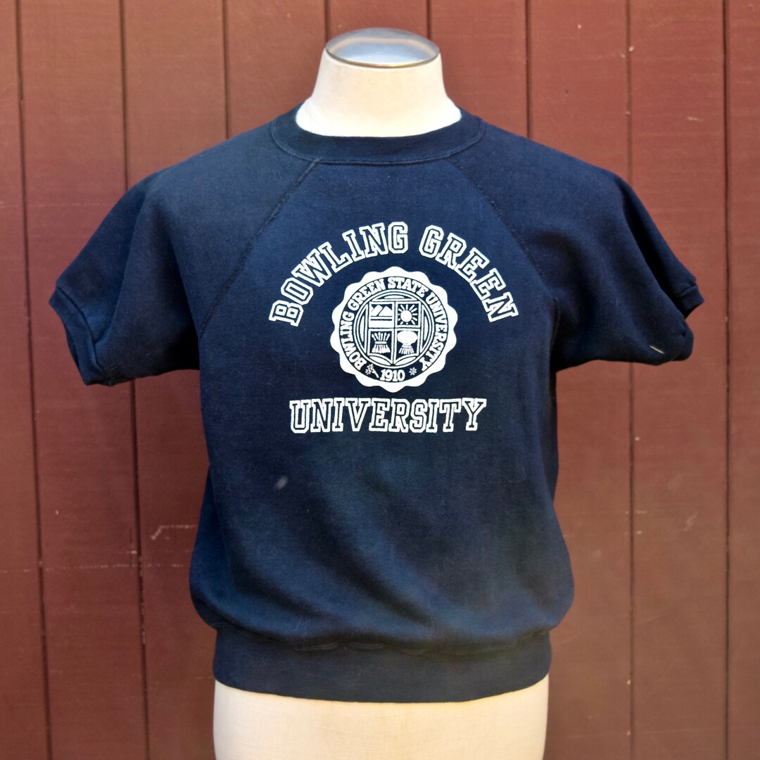 1960s Navy Blue Bowling Green University Flock Print Raglan Short 