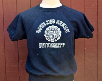 1960s Navy Blue Bowling Green University Flock Print Raglan Short Sleeve Sweatshirt