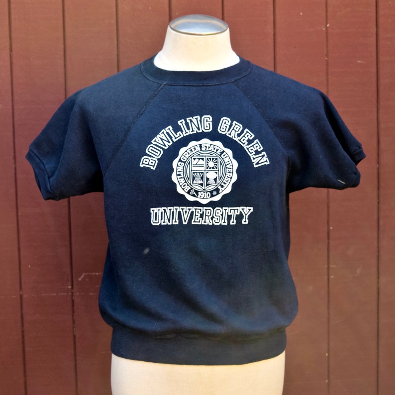 1960s Navy Blue Bowling Green University Flock Print Raglan Short Sleeve Sweatshirt image 1