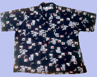 1950-tal Jet Black Rayon asiatiskt inspirerad Duke Kahanamoku Hawaiian / Aloha Shirt Large