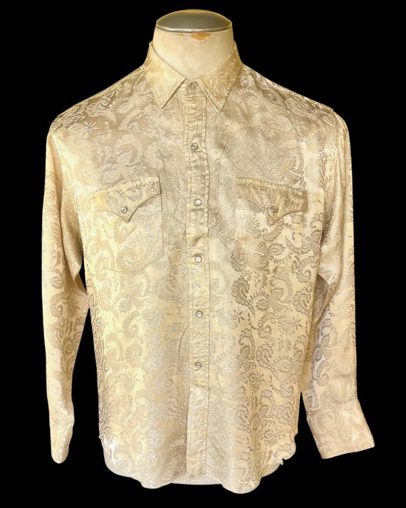 50s / 60s Metallic Gold Brocade Western Shirt By Caravan Western Wear Medium