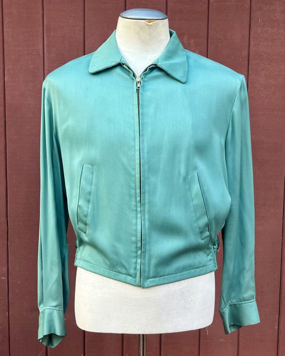 Vintage 1950s Aqua Marine  / Teal Rayon Gabardine Ricky Jacket XL