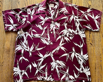 Great Generous Large Late 40s / Early 50s Burgundy Rayon Bamboo Print Hawaiian / Aloha Shirt By National Shirt Shops.